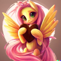 Size: 1024x1024 | Tagged: safe, imported from derpibooru, fluttershy, pegasus, pony, ai content, ai generated, generator:dall-e 2, heart, looking at you, smiling, solo