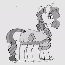 Size: 1816x1816 | Tagged: safe, artist:alumx, imported from derpibooru, rarity, pony, unicorn, bathrobe, bed mane, butt, clothes, female, frown, gray background, grayscale, lidded eyes, mare, monochrome, plot, rearity, robe, simple background, slippers, solo