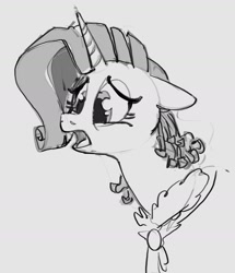 Size: 1429x1663 | Tagged: safe, artist:alumx, imported from derpibooru, rarity, pony, unicorn, bathrobe, bed mane, bust, clothes, floppy ears, frown, gray background, grayscale, lidded eyes, monochrome, open mouth, robe, simple background, solo