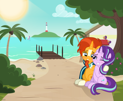 Size: 8000x6590 | Tagged: safe, artist:n0kkun, imported from derpibooru, starlight glimmer, sunburst, pony, unicorn, absurd resolution, beach, blushing, boat, bush, cloud, coconut, cute, day, female, floating heart, flower, food, heart, hoof on shoulder, hug, lighthouse, looking at each other, looking at someone, male, mare, one eye closed, outdoors, palm tree, pier, raised hoof, rock, sailboat, sand, ship, shipping, sitting, sky, smiling, smiling at each other, stallion, starburst, straight, sun, tree, vector, wink