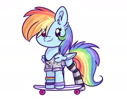 Size: 2348x1838 | Tagged: safe, artist:lbrcloud, imported from derpibooru, rainbow dash, pegasus, pony, bracelet, clothes, jewelry, shirt, simple background, skateboard, socks, solo, striped socks, t-shirt, white background