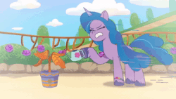 Size: 1920x1080 | Tagged: safe, imported from derpibooru, screencap, izzy moonbow, pony, unicorn, spoiler:g5, spoiler:my little pony: tell your tale, spoiler:tyts01e20, animated, bracelet, community garden, dead plant, female, flashback, flower, friendship bracelet, g5, hoof hold, jewelry, mare, my little pony: tell your tale, one trick pony (episode), open mouth, plant, sad, solo, sound, watering can, webm, wilting