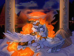 Size: 2732x2048 | Tagged: artist needed, source needed, safe, imported from derpibooru, daybreaker, nightmare star, princess celestia, oc, oc:light knight, alicorn, pegasus, ancient egypt, bed, bedroom, clothes, crown, desert, egypt, egyptian, fire, jewelry, knight, lightbreaker, lightestia, loincloth, looking at you, love, pyramid, regalia, sleepy, sun, sunset, tired, underwear