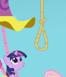 Size: 956x1112 | Tagged: safe, edit, edited screencap, imported from derpibooru, screencap, fluttershy, twilight sparkle, pony, unicorn, the return of harmony, cropped, gallows, meme, noose, out of context, rope, unicorn twilight