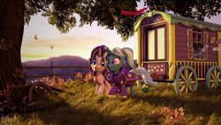Size: 3840x2160 | Tagged: safe, artist:laylahorizonsfm, imported from derpibooru, starlight glimmer, trixie, bird, butterfly, pony, unicorn, road to friendship, 3d, 4k, alternate hairstyle, babysitter trixie, choker, clothes, cute, duo, female, fence, flower, grass, high res, hoodie, lesbian, looking at each other, looking at someone, mare, mountain, outdoors, playing card, shipping, smiling, smiling at each other, source filmmaker, startrix, tree, trixie's wagon, uhd, wagon, walking, wooden fence