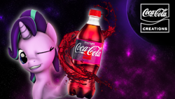 Size: 1920x1080 | Tagged: safe, artist:mlpstevepvb, imported from derpibooru, starlight glimmer, pony, unicorn, 16:9, 3d, bottle, coca-cola, cute, glimmerbetes, grin, holding, hoof hold, logo, looking at you, namesake, one eye closed, planet, product placement, pun, smiling, smiling at you, soda bottle, solo, source filmmaker, space, space background, starlight coca-cola, visual pun, wink, winking at you