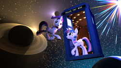 Size: 3840x2160 | Tagged: safe, artist:el pono gris, imported from derpibooru, starlight glimmer, twilight sparkle, alicorn, pony, unicorn, 3d, 4k, doctor who, duo, floating in space, grin, high res, open mouth, planet, ponies in space, raised hoof, saturn, smiling, source filmmaker, space, stars, tardis, time travel glimmer, twilight sparkle (alicorn), uhd, wallpaper