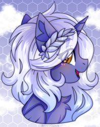 Size: 1620x2059 | Tagged: safe, artist:fluffywhirlpool, imported from derpibooru, oc, oc only, alicorn, pony, alicorn oc, blushing, bust, chest fluff, commission, female, folded wings, horn, looking at you, mare, open mouth, open smile, portrait, profile, sky, sky background, smiling, smiling at you, solo, wings, wreath