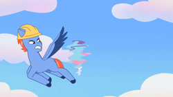 Size: 3410x1920 | Tagged: safe, imported from derpibooru, screencap, pegasus, pony, spoiler:g5, spoiler:my little pony: tell your tale, spoiler:tyts01e20, clothes, duo, female, filly, flying, foal, g5, glory (g5), great moments in animation, hard hat, hat, high res, male, my little pony: tell your tale, one trick pony (episode), philly, spinning, spread wings, stallion, wings, youtube link