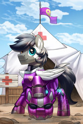 Size: 2000x3000 | Tagged: safe, artist:jedayskayvoker, imported from derpibooru, oc, oc:cloudy days, pegasus, pony, armor, cloud, cloudy, commission, detailed background, dirt, flag, folded wings, helmet, heterochromia, looking at you, male, medic, pegasus oc, power armor, shiny, smiling, solo, stallion, wings