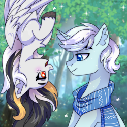 Size: 2500x2500 | Tagged: safe, artist:fluffywhirlpool, imported from derpibooru, oc, oc only, oc:storm cloud river's, pegasus, pony, unicorn, blue eyes, bust, chest fluff, clothes, female, folded wings, grass, hanging, hanging upside down, horn, looking at each other, looking at someone, male, mare, multicolored mane, open mouth, open smile, pegasus oc, scarf, sitting, smiling, smiling at each other, stallion, tree, unicorn oc, upside down, wings