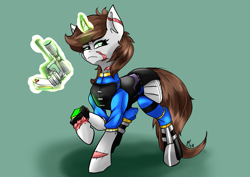 Size: 4961x3508 | Tagged: safe, artist:mekblue, imported from derpibooru, oc, oc:littlepip, fallout equestria, armor, fallout, female, gun, handgun, little macintosh, magic, mare, pipbuck, revolver, scar, solo, stable-tec, telekinesis, weapon