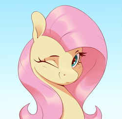 Size: 2819x2753 | Tagged: safe, artist:aquaticvibes, imported from derpibooru, fluttershy, pegasus, pony, bust, cute, female, high res, looking at you, mare, one eye closed, portrait, shyabetes, smiling, solo, wink