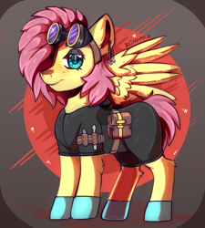 Size: 1800x2000 | Tagged: safe, artist:freak-side, imported from derpibooru, fluttershy, pegasus, pony, alternate hairstyle, alternate universe, clothes, costume, dangerous mission outfit, ear piercing, goggles, hoodie, piercing, short mane, short tail, solo, tail