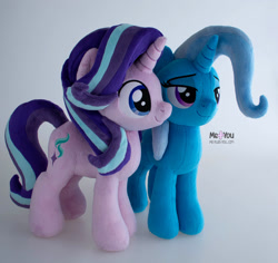 Size: 1600x1508 | Tagged: safe, artist:meplushyou, imported from derpibooru, starlight glimmer, trixie, pony, unicorn, duo, female, gray background, irl, mare, photo, plushie, simple background, smiling