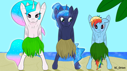 Size: 3840x2160 | Tagged: safe, artist:sc_orion, imported from derpibooru, princess celestia, princess luna, rainbow dash, alicorn, pegasus, pony, armpits, beach, bipedal, blushing, chest fluff, clothes, embarrassed, ethereal mane, grass skirt, horn, hula, multiple variants, skirt, water, wings