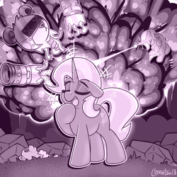 Size: 1200x1200 | Tagged: safe, artist:llametsul, imported from derpibooru, trixie, bear, pony, robot, unicorn, atg 2022, blast, boasting, cute, diatrixes, explosion, eyes closed, eyeshadow, female, fight, giant robot, grayscale, horn, magic, magic blast, makeup, mare, monochrome, newbie artist training grounds, open mouth, open smile, plushie, smiling, solo, tail, talking, teddy bear