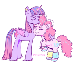 Size: 1500x1339 | Tagged: safe, artist:lonesomecryptid, imported from derpibooru, pinkie pie, twilight sparkle, alicorn, earth pony, pony, bracelet, clothes, cute, ear fluff, ear piercing, eyes closed, fanart, female, jewelry, leg warmers, lesbian, nuzzling, piercing, pink, purple, shipping, simple background, twilight sparkle (alicorn), twinkie, unshorn fetlocks, white background