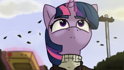 Size: 3840x2160 | Tagged: safe, artist:d3f4ult_4rt1st, imported from derpibooru, twilight sparkle, pony, abandoned, bag, chernobyl, clothes, magic, post-apocalyptic, s.t.a.l.k.e.r., saddle bag, solo, soviet union, sweater, wind