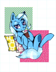 Size: 1470x1885 | Tagged: safe, artist:stacy_165cut, imported from derpibooru, trixie, pony, unicorn, coffee, cup, drink, female, hoof hold, horn, looking at you, lying down, mare, on back, partial background, pillow, simple background, solo, steam, underhoof, white background