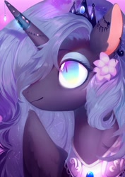 Size: 2149x3035 | Tagged: safe, artist:dreamsugar, imported from derpibooru, princess luna, alicorn, pony, bust, ethereal mane, female, flower, flower in hair, horn, jewelry, mare, portrait, profile, regalia, solo, wings