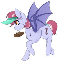 Size: 2153x2274 | Tagged: safe, artist:those kids in the corner, imported from derpibooru, oc, oc only, oc:peppermint parcel, bat pony, pony, bat pony oc, female, flying, hair tie, hat, high res, mare, package, simple background, solo, transparent background, wings