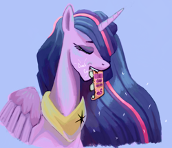 Size: 1208x1041 | Tagged: safe, artist:thelastenforcement, imported from derpibooru, twilight sparkle, alicorn, pony, the last problem, blue background, book, bust, crunch, eating, older, older twilight, peytral, portrait, princess twilight 2.0, simple background, solo, twilight sparkle (alicorn), wat