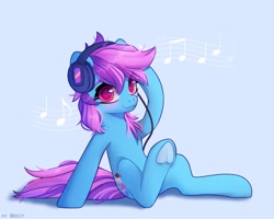 Size: 2500x2000 | Tagged: safe, artist:shelti, imported from derpibooru, oc, oc only, oc:nohra, earth pony, pony, blushing, colored pupils, commission, earth pony oc, eyebrows, female, happy, headphones, hoof heart, light blue background, listening to music, looking at you, mare, music, music notes, simple background, sitting, smiling, solo, underhoof
