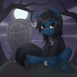 Size: 2048x2048 | Tagged: safe, artist:bluecocoaart, imported from derpibooru, earth pony, pony, undead, zombie, zombie pony, bags under eyes, black hair, bone, bring me the horizon, clothes, colored pupils, commission, fangs, flower, frown, full moon, grass, gravestone, graveyard, hoodie, horseshoes, long sleeves, looking at you, moon, night, night sky, oliver sykes, outdoors, ponified, scar, shirt, sitting, sky, solo, tattoo, tree, underhoof, ych result