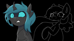 Size: 2048x1152 | Tagged: safe, artist:askhypnoswirl, imported from derpibooru, oc, oc only, changeling, ghost, ghost pony, pony, undead, bipedal, black background, darkness, duo, eye clipping through hair, fangs, female, gritted teeth, male, mare, open mouth, pinpoint eyes, raised hooves, simple background, soul vore, stallion, teeth, tongue out, vore
