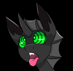 Size: 2141x2060 | Tagged: safe, artist:askhypnoswirl, imported from derpibooru, oc, oc only, changeling, black background, fangs, high res, hypno eyes, hypnosis, hypnotized, kaa eyes, male, open mouth, simple background, solo, stallion, swirly eyes, tongue out