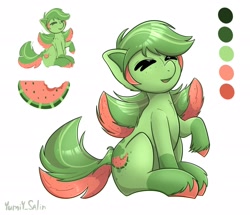 Size: 2048x1761 | Tagged: safe, artist:yumiy_salin, imported from derpibooru, earth pony, pony, cute, digital art, food, green, green hair, pink hair, simple background, solo, watermelon, white background