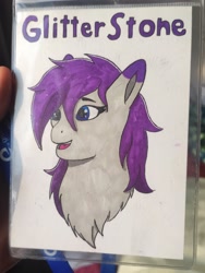 Size: 2250x3000 | Tagged: safe, artist:autumnsfur, imported from derpibooru, oc, oc only, oc:glitter stone, badge, blue eyes, bust, chest fluff, con badge, convention, female, gray coat, happy, mare, name, portrait, purple hair, simple background, solo, traditional art