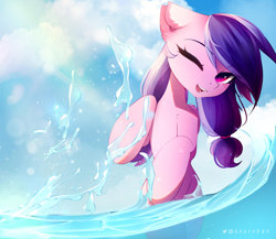 Size: 1600x1389 | Tagged: safe, artist:shavurrr, imported from derpibooru, oc, oc only, oc:crystal dust, pegasus, pony, cloud, complex background, female, mare, smiling, solo, splash, splashing, summer, two toned mane, water