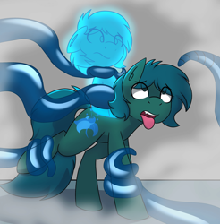 Size: 2013x2048 | Tagged: safe, artist:askhypnoswirl, imported from derpibooru, oc, oc only, oc:poison trail, earth pony, pony, bound, cute little fangs, eye clipping through hair, eyebrows, eyebrows visible through hair, eyes rolling back, fangs, floppy ears, fog, male, no pupils, simple background, solo, soul, soul stealing, stallion, tentacles, tongue out, worried