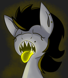 Size: 1800x2048 | Tagged: safe, artist:askhypnoswirl, imported from derpibooru, oc, oc only, earth pony, pony, colored tongue, ear piercing, eyes closed, female, mare, open mouth, piercing, sharp teeth, simple background, solo, teeth, tongue out, yellow background