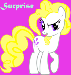 Size: 871x918 | Tagged: safe, artist:freak0uo, artist:rainbowpanda719, edit, imported from derpibooru, surprise, earth pony, pony, adoraprise, cute, dreamworks face, earth pony surprise, female, g1, g1 to g4, g4, generation leap, green text, mare, open mouth, open smile, pink background, purple eyes, race swap, raised leg, recolor, simple background, smiling, tail, text, white coat, yellow hair, yellow mane, yellow tail