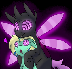 Size: 2048x1947 | Tagged: safe, artist:askhypnoswirl, imported from derpibooru, oc, oc only, changeling, pony, unicorn, black background, drool, duo, floating heart, floppy ears, glowing, glowing wings, heart, hug, hypno eyes, hypnosis, hypnotized, kaa eyes, open mouth, purple changeling, simple background, smiling, wings