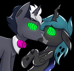 Size: 2048x1974 | Tagged: safe, artist:askhypnoswirl, imported from derpibooru, oc, oc only, oc:hypno swirl, changeling, pony, unicorn, black background, bowtie, drool, floppy ears, forced kiss, huff, hypno eyes, hypnosis, hypnotized, kaa eyes, kiss on the lips, kissing, leaning forward, looking into each others eyes, onomatopoeia, raised hoof, shiny, simple background, solo