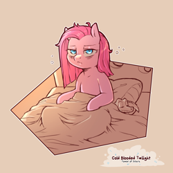 Size: 1200x1200 | Tagged: safe, artist:cold-blooded-twilight, imported from derpibooru, gummy, pinkie pie, alligator, earth pony, pony, bags under eyes, bed, bed hair, blanket, female, mare, morning ponies, pillow, pinkamena diane pie, tired, waking up