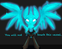 Size: 2048x1602 | Tagged: safe, artist:askhypnoswirl, imported from derpibooru, oc, oc only, alicorn, pony, unicorn, context needed, dialogue, front view, jewelry, lidded eyes, magic, necklace, possessed, protecting, simple background, solo, sombra eyes, spirit, spread wings, wings