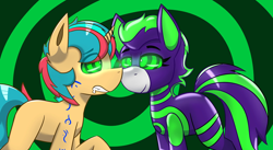 Size: 2048x1122 | Tagged: safe, artist:askhypnoswirl, imported from derpibooru, oc, oc only, earth pony, pony, unicorn, donut steel, drool, duo, eye clipping through hair, eyebrows, eyebrows visible through hair, female, gritted teeth, hypno eyes, hypnosis, hypnotized, kaa eyes, lidded eyes, looking into each others eyes, male, mare, raised hoof, runes, simple background, smiling, stallion, swirls, teeth