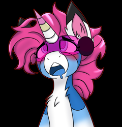 Size: 1967x2048 | Tagged: safe, artist:askhypnoswirl, imported from derpibooru, oc, oc only, pony, unicorn, bipedal, black background, chest fluff, drool, ear fluff, female, hypnogear, mare, open mouth, simple background, solo, swirly eyes