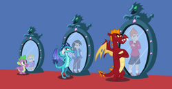 Size: 1600x832 | Tagged: safe, artist:magerblutooth, imported from derpibooru, garble, princess ember, spike, dragon, human, arm behind back, commission, crossed arms, human counterpart, humanized, mirror, story included