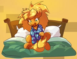 Size: 1903x1455 | Tagged: safe, artist:applephil, imported from derpibooru, applejack, earth pony, pony, bed, bed mane, clothes, female, hair tie, mare, messy mane, mouth hold, pajamas, sitting, solo, tail tie