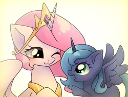 Size: 2006x1515 | Tagged: safe, artist:namaenonaipony, imported from derpibooru, princess celestia, princess luna, alicorn, pony, bust, cute, duo, duo female, female, filly, foal, horn, jewelry, looking at each other, looking at someone, mare, one eye closed, open mouth, open smile, pink-mane celestia, profile, raised hoof, regalia, simple background, smiling, spread wings, white background, wings, woona, younger