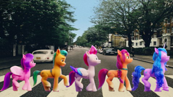 Size: 1365x768 | Tagged: safe, edit, edited screencap, imported from derpibooru, screencap, hitch trailblazer, izzy moonbow, pipp petals, sunny starscout, zipp storm, earth pony, pegasus, pony, unicorn, spoiler:my little pony: a new generation, abbey road, female, fit right in (g5), g5, irl, male, mane five (g5), mare, my little pony: a new generation, parody, photo, ponies in real life, stallion, the beatles, walking