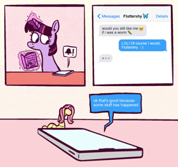 Size: 1742x1637 | Tagged: safe, artist:horsewizardart, edit, imported from derpibooru, fluttershy, twilight sparkle, pony, unicorn, worm, book, comic, cute, female, flutterworm, iphone, levitation, magic, phone, shyabetes, simple background, species swap, telekinesis, text, text message, unicorn twilight, wingless, wingless edit