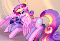Size: 2739x1872 | Tagged: safe, artist:xjenn9, imported from derpibooru, princess cadance, twilight sparkle, alicorn, pony, biting, duo, duo female, ear bite, female, mare, nom, sisters-in-law