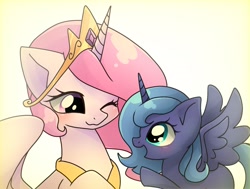 Size: 2006x1515 | Tagged: safe, artist:namaenonaipony, imported from derpibooru, princess celestia, princess luna, alicorn, pony, bust, cute, duo, duo female, female, filly, foal, horn, jewelry, looking at each other, looking at someone, mare, one eye closed, open mouth, open smile, pink-mane celestia, profile, raised hoof, regalia, simple background, smiling, spread wings, white background, wings, woona, younger